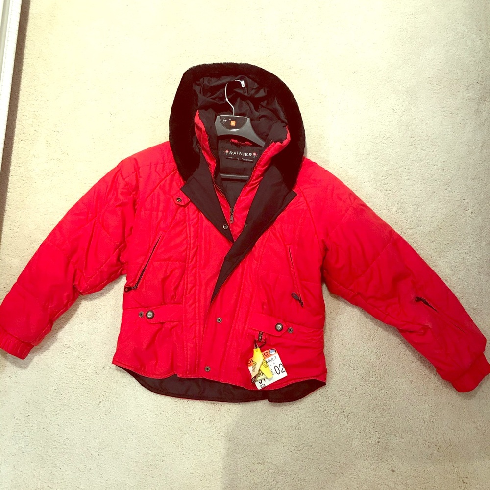 Red Rainier fitted Ski Jacket with fur hood